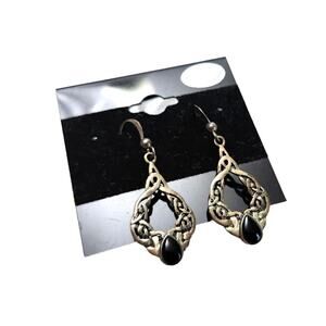 Sterling Silver Knot Drop Earrings Black Stone Onyx Cats Eye Celtic Irish